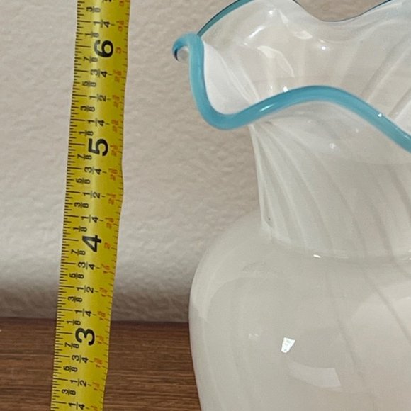 White Glass Vase  Swirl with Blue Ruffle Rim - Picture 9 of 12